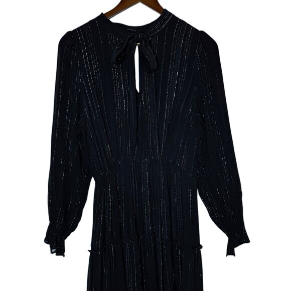 Elan Shimmer Stripe Black Tiered Midi Dress Long Sleeve Tie Neck size Medium - Picture 3 of 8